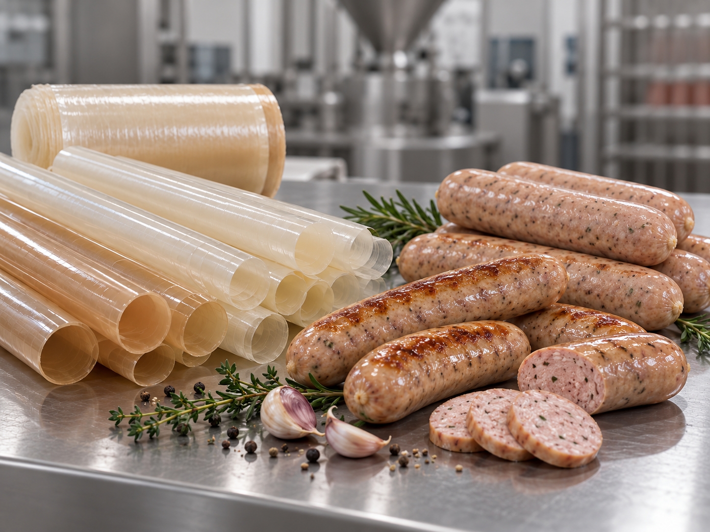 Edible collagen casing sticks next to fresh sausages